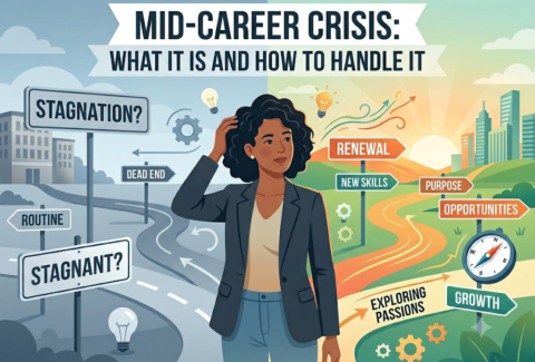 An illustrated graphic showing a professional woman standing at a career crossroads. The left side depicts stagnation, routine, and dead ends in grey tones, while the right side shows a bright path forward with labels like renewal, new skills, purpose, opportunities, exploring passions, and growth. Title reads: "Mid-Career Crisis: What It Is and How to Handle It."