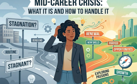 An illustrated graphic showing a professional woman standing at a career crossroads. The left side depicts stagnation, routine, and dead ends in grey tones, while the right side shows a bright path forward with labels like renewal, new skills, purpose, opportunities, exploring passions, and growth. Title reads: "Mid-Career Crisis: What It Is and How to Handle It."