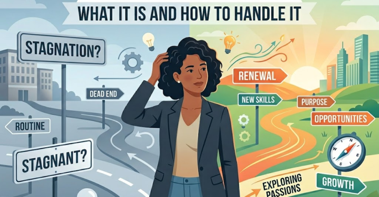 An illustrated graphic showing a professional woman standing at a career crossroads. The left side depicts stagnation, routine, and dead ends in grey tones, while the right side shows a bright path forward with labels like renewal, new skills, purpose, opportunities, exploring passions, and growth. Title reads: "Mid-Career Crisis: What It Is and How to Handle It."