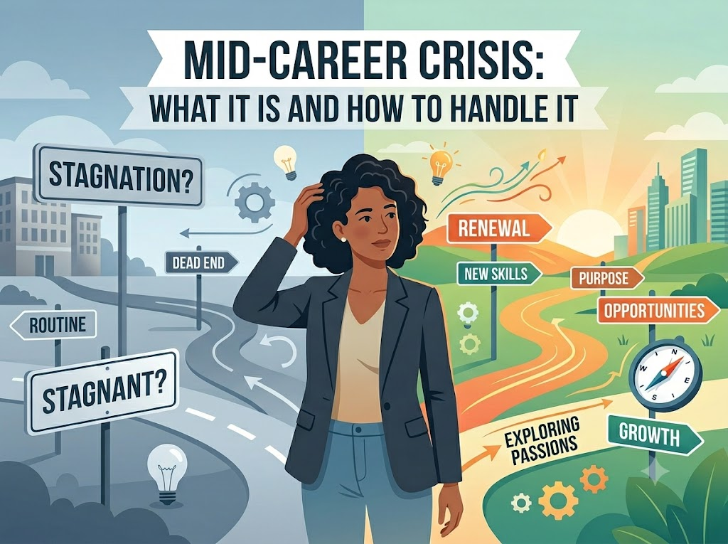 An illustrated graphic showing a professional woman standing at a career crossroads. The left side depicts stagnation, routine, and dead ends in grey tones, while the right side shows a bright path forward with labels like renewal, new skills, purpose, opportunities, exploring passions, and growth. Title reads: "Mid-Career Crisis: What It Is and How to Handle It."